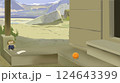 Abandoned Doll and Orange Ball on Steps illustration 124643399