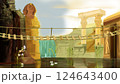 Ancient Ruins with Rope Bridge Over Water illustration 124643400