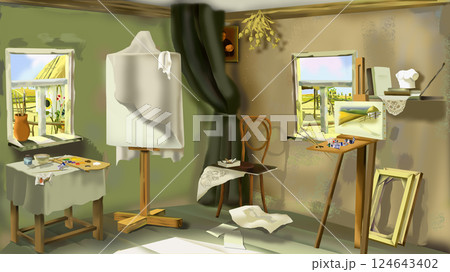 Cozy Artist Studio with Sunlit Windows illustration Cozy Artist Studio with Sunlit Windows illustration 124643402