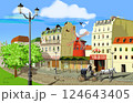 Parisian Street with Moulin Rouge and Carriage illustration 124643405