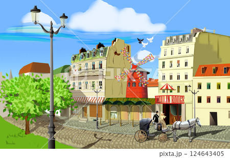 Parisian Street with Moulin Rouge and Carriage illustration 124643405