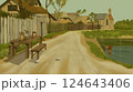 Quaint Village Scene with Rustic Fence and Church illustration 124643406