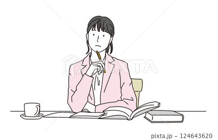 デスクで考える女性のイラスト 124643620