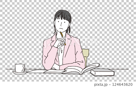 デスクで考える女性のイラスト 124643620