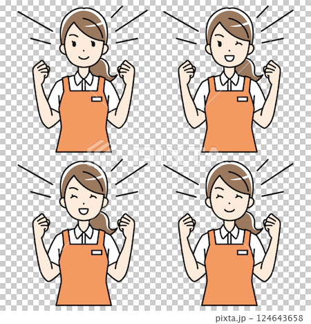 一名身穿圍裙的年輕女子舉起拳頭的插圖 124643658