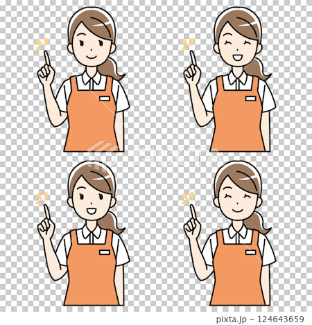 笑顔で人差し指を立てるエプロン姿の女性のイラスト 124643659