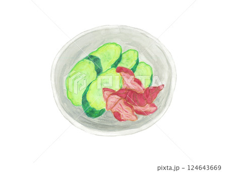 水彩で描いたきゅうりの漬物としば漬けの水彩画 124643669