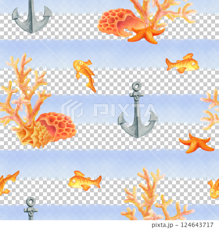 Underwater world. Seamless pattern with fish, anchors, seashells, starfish and corals on blue and white striped background. Simple design for summer fabric or wallpaper in marine style Underwater world. Seamless pattern with fish, anchors, seashells, starfish and corals on blue and white striped background. Simple design for summer fabric or wallpaper in marine style 124643717