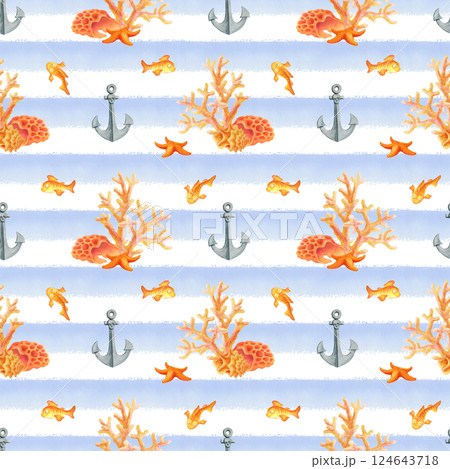 Underwater world. Watercolor seamless pattern with fish, anchors, seashells, starfish and corals on blue and white striped background. Simple design for summer fabric or wallpaper in marine style Underwater world. Watercolor seamless pattern with fish, anchors, seashells, starfish and corals on blue and white striped background. Simple design for summer fabric or wallpaper in marine style 124643718