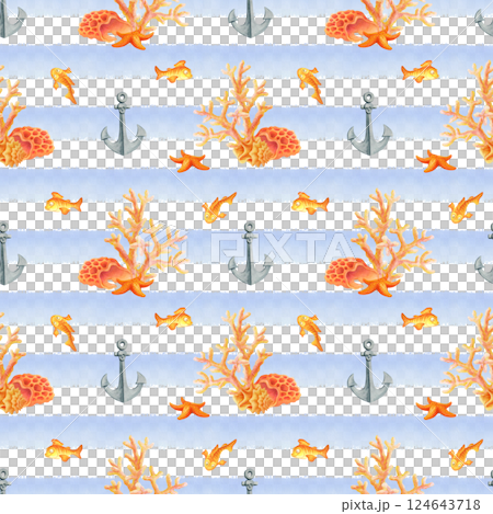 Underwater world. Watercolor seamless pattern with fish, anchors, seashells, starfish and corals on blue and white striped background. Simple design for summer fabric or wallpaper in marine style Underwater world. Watercolor seamless pattern with fish, anchors, seashells, starfish and corals on blue and white striped background. Simple design for summer fabric or wallpaper in marine style 124643718