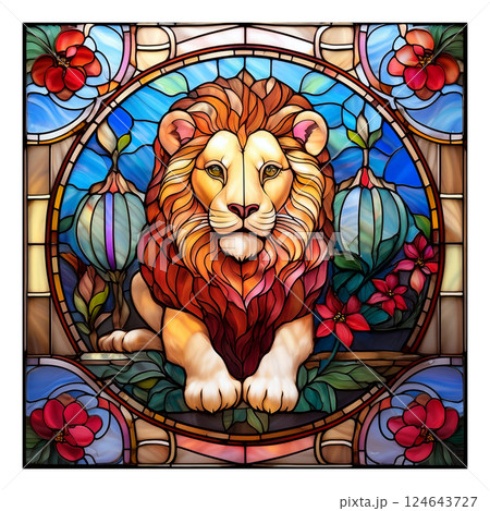 ライオンと草花のステンドグラス3/チラシやポスター用素材 ライオンと草花のステンドグラス3/チラシやポスター用素材 124643727
