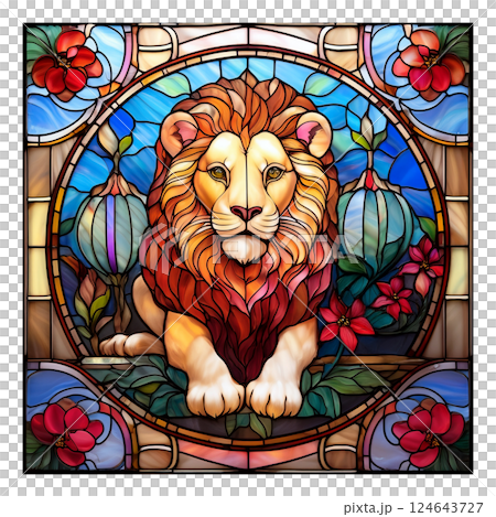 ライオンと草花のステンドグラス3/チラシやポスター用素材 ライオンと草花のステンドグラス3/チラシやポスター用素材 124643727