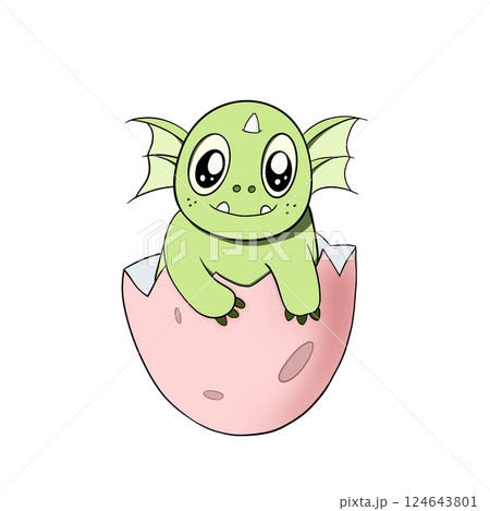 Cute Baby Dragon Hatching from Egg. Cartoon Illustration 124643801