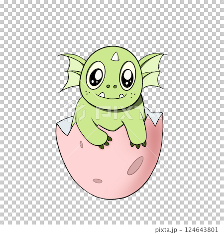 Cute Baby Dragon Hatching from Egg. Cartoon Illustration 124643801