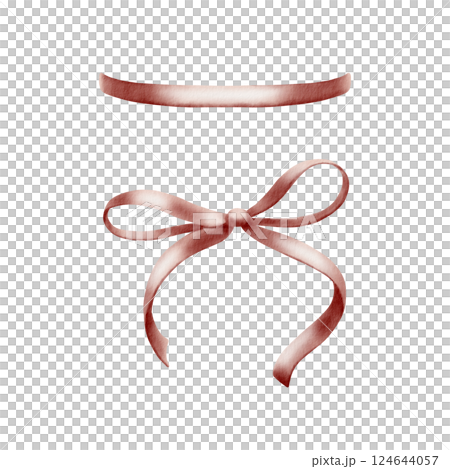 Silk ribbon bow in oxidized cherry color. Watercolor illustration with realistic folds and satin sheen,isolated on white. For luxury packaging,birthday ,wedding paper goods, fashion branding. 124644057