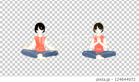 一群婦女閉著眼睛冥想。瑜珈和伸展運動的手繪水彩插圖 124644072