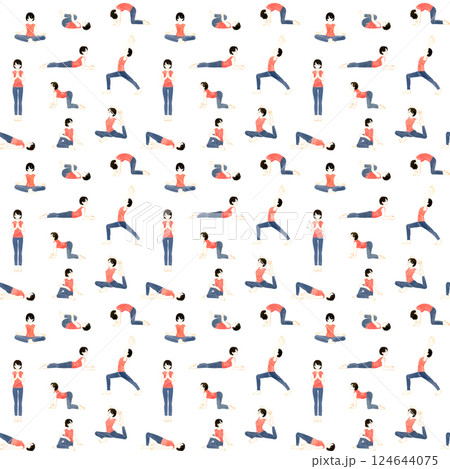 ヨガのポーズをする女性のパターン（手描き水彩イラスト） 124644075
