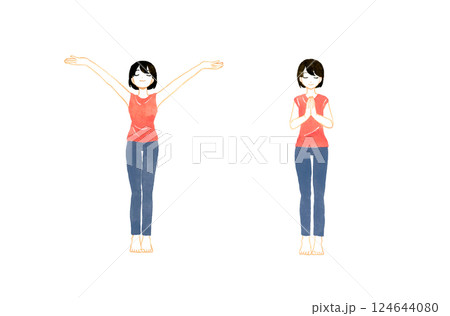 直立で深呼吸＆合掌をする女性のセット　ヨガ・ストレッチの手描き水彩イラスト素材 124644080