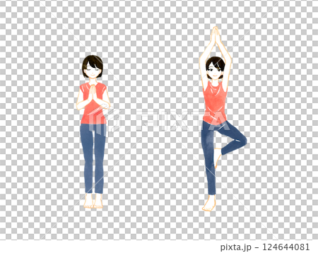 Woman doing the standing tree pose (Vrksasana) Yoga stretching hand-drawn watercolor illustration Woman doing the standing tree pose (Vrksasana) Yoga stretching hand-drawn watercolor illustration 124644081