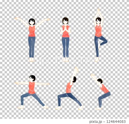 一組站立的瑜珈姿勢一位年輕女子的手繪水彩插圖 124644083