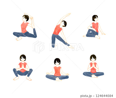座って行うヨガのポーズのセット 若い女性の手描き水彩イラスト素材 座って行うヨガのポーズのセット 若い女性の手描き水彩イラスト素材 124644084
