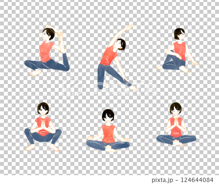 一組坐姿瑜珈姿勢一位年輕女子的手繪水彩插圖 一組坐姿瑜珈姿勢一位年輕女子的手繪水彩插圖 124644084