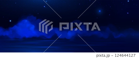 Night sky filled with smoke or fog over water. 124644127