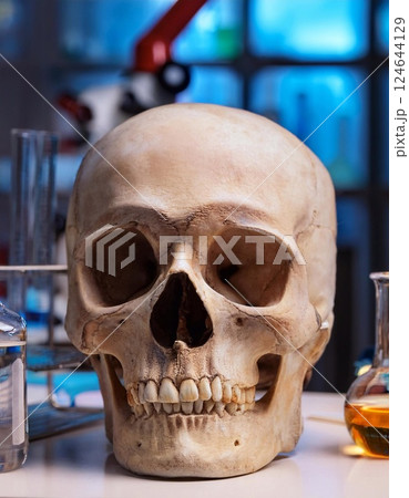 Human skull with teeth on the shelf in the hospital 124644129