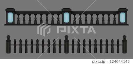 Black marble and iron balustrades set Black marble and iron balustrades set 124644143