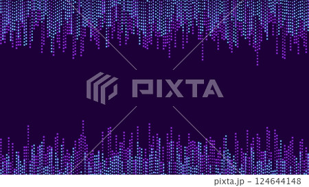 Melody track equalizer background with variable frequencies. Wave sound signal with high low frequency amplitudes top and bottom. Vector on black backgdrop 124644148