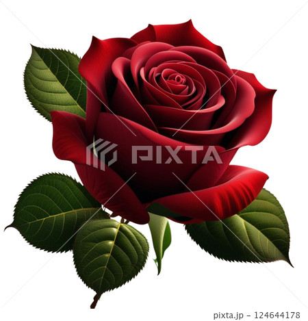 Realistic 3D red rose flower isolated as an icon beautifully detailed blooming bud with lush green leaves perfect for gifts birthdays holidays and anniversary celebrations high-quality PNG illustratio 124644178