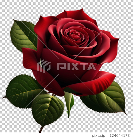 Realistic 3D red rose flower isolated as an icon beautifully detailed blooming bud with lush green leaves perfect for gifts birthdays holidays and anniversary celebrations high-quality PNG illustratio 124644178
