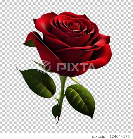Realistic 3D red rose flower isolated as an icon beautifully detailed blooming bud with lush green leaves perfect for gifts birthdays holidays and anniversary celebrations high-quality PNG illustratio 124644179