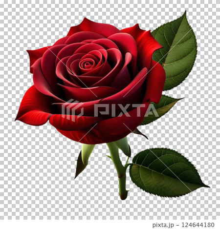 Realistic 3D red rose flower isolated as an icon beautifully detailed blooming bud with lush green leaves perfect for gifts birthdays holidays and anniversary celebrations high-quality PNG illustratio 124644180