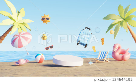 3D render, Empty podium on summer beach scene with floating travel and vacation items 3D render, Empty podium on summer beach scene with floating travel and vacation items 124644193
