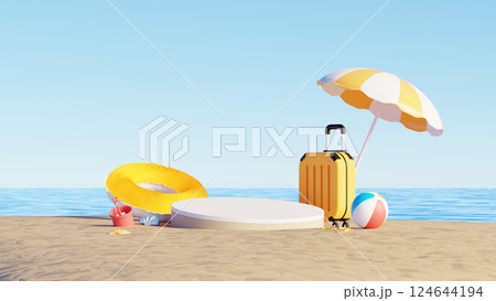 3D render, Summer beach vacation scene with display podium for showing product, suitcase and yellow umbrella 124644194