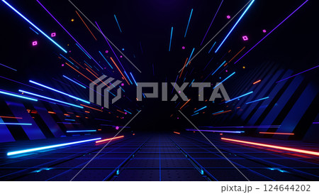 3d render, Abstract dynamic neon lines and particles in futuristic digital tunnel background 124644202