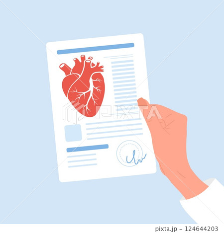 Heart disease concept. Female hand holding result of examine heart. Cardiovascular diseases. Health care and treatment concept. Vector illustration in flat cartoon style 124644203