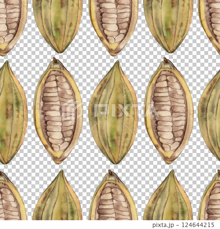 Seamless pattern with cocoa beans whole and cut in half. The watercolor illustration is hand-drawn in a botanical style in yellow, green, brown hues. For the design of textiles, wallpaper, fabrics. Seamless pattern with cocoa beans whole and cut in half. The watercolor illustration is hand-drawn in a botanical style in yellow, green, brown hues. For the design of textiles, wallpaper, fabrics. 124644215