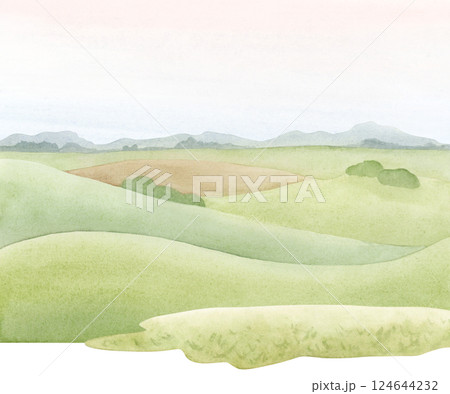 Summer green hills and farm field landscape watercolor isolated illustration. Rural panoramic nature clipart of countryside or village in simple hand drawn style 124644232