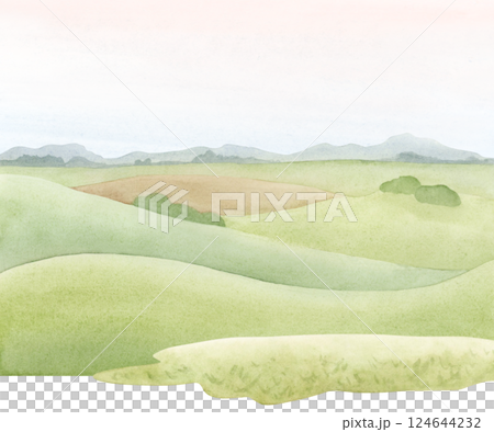 Summer green hills and farm field landscape watercolor isolated illustration. Rural panoramic nature clipart of countryside or village in simple hand drawn style 124644232