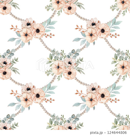 Watercolor seamless pattern with two bouquets with anemones on a peach pink color, different eucalyptus branches on a savage color tied with pearl 124644806