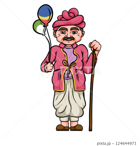 Cartoon illustration of Elderly Man in a Turban with Walking Stick Holding Colorful Balloons Cartoon illustration of Elderly Man in a Turban with Walking Stick Holding Colorful Balloons 124644971