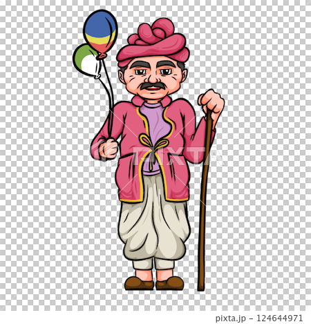 Cartoon illustration of Elderly Man in a Turban with Walking Stick Holding Colorful Balloons 124644971