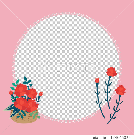 母親節紅色康乃馨和圓形花邊方形框架向量插圖 母親節紅色康乃馨和圓形花邊方形框架向量插圖 124645029