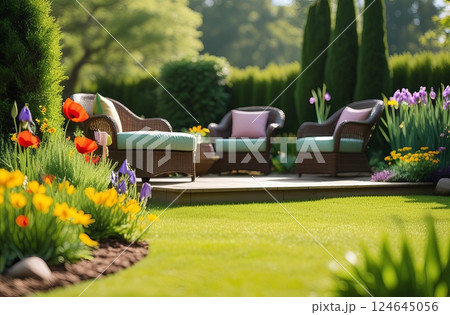 A serene backyard garden basks in the warm sunlight, featuring a vibrant array of colorful flowers. 124645056