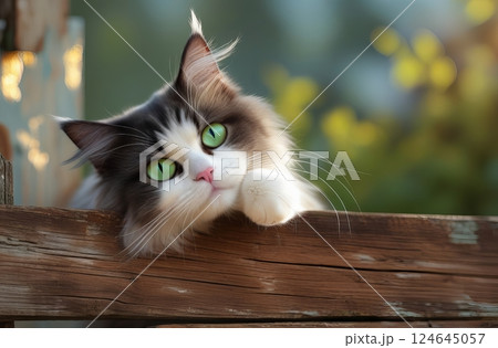 A serene Persian cat with vibrant green eyes and a fluffy white coat, leaning over a rustic wooden fence with worn brown planks 124645057