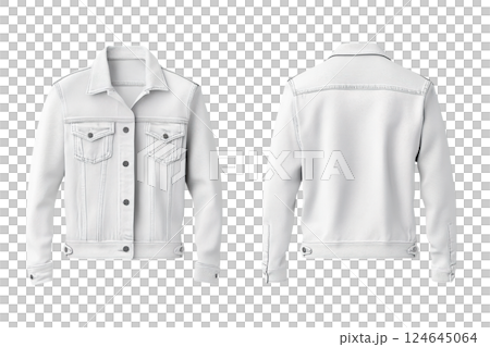 Front and back view of a white denim jacket. AI-generated item 124645064