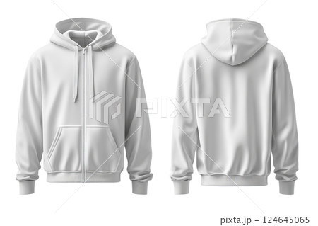 AI-generated item. White hoodie mockup, front and back view, isolated on transparent background. 124645065