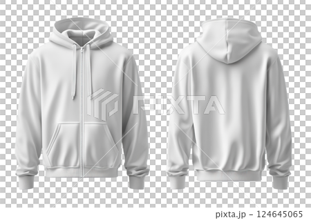 AI-generated item. White hoodie mockup, front and back view, isolated on transparent background. 124645065